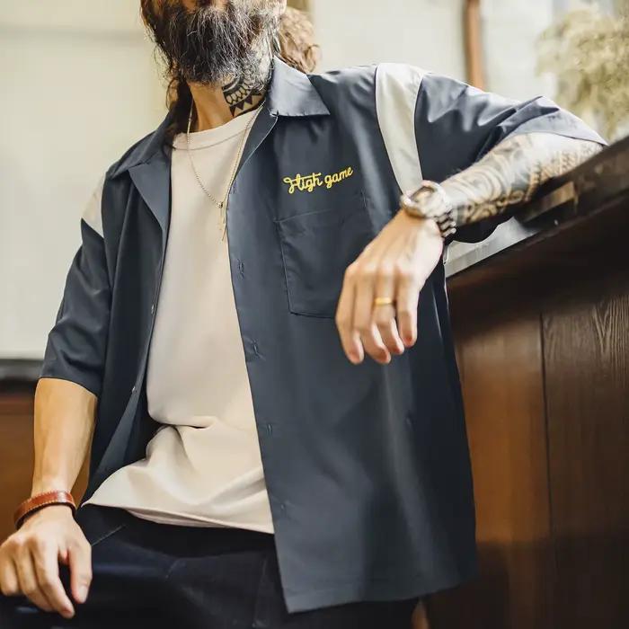 Chemise Maden pour homme, style rétro, col cubain brodé, tissée, légère, ample, décontractée, pour le quotidien, manches courtes, été