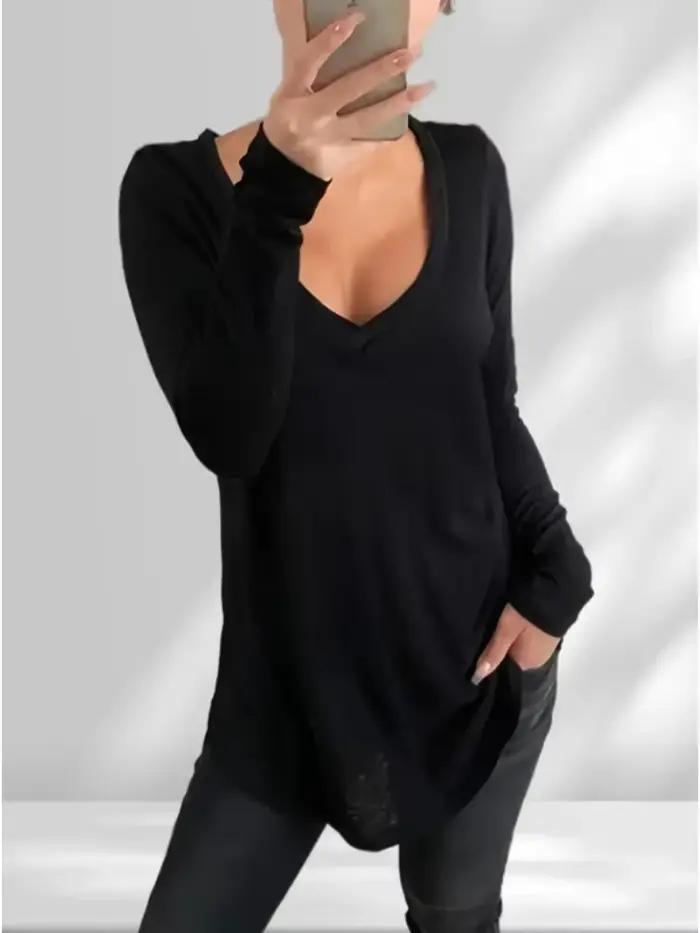 T-shirt uni à col en V pour femme, manches longues, vêtements décontractés pour femme, mode simple, grande taille, 1XL-5XL