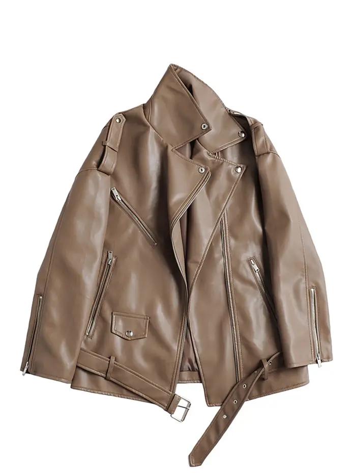 Ailegogo femmes ample moto motard noir Pu Faux cuir veste avec ceinture printemps automne femme manteau à glissière vête