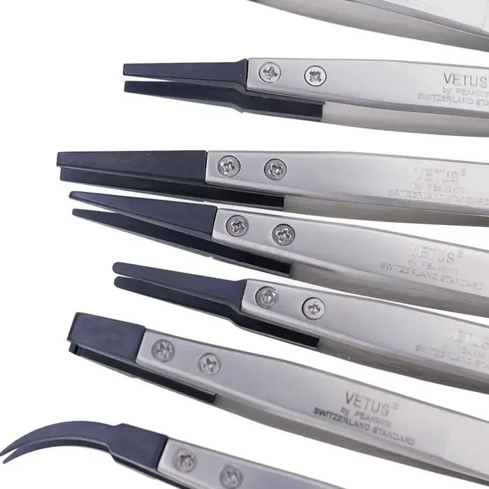 Pince à sourcils antistatique avec tête interchangeable en acier inoxydable et poignée en fibre de carbone pour soins esthétiques professionnels et personnel occassions multiples