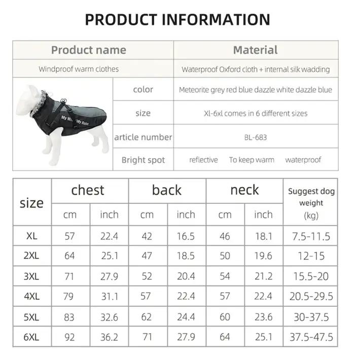 Vêtements d'hiver pour grands chiens XL-6XL avec col en fourrure