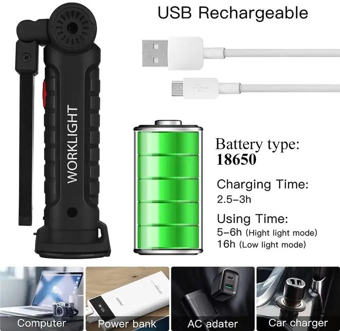 Lampe de poche LED COB portable aste par USB, lampe de travail, lanterne magnétique, lampe de face a
