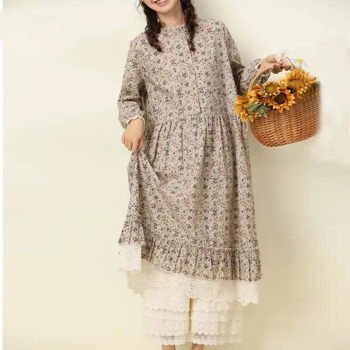 JohmobJapanese-Robe vintage en coton et lin pour femme, imprimé patchwork, en dentelle, avec poches,