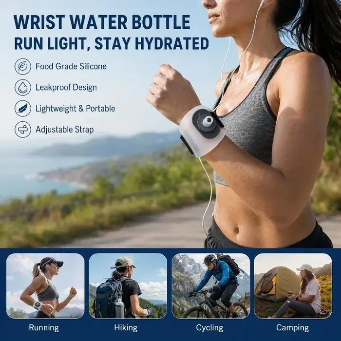 Bouteille d'eau portable mains libres de 200 ml pour poignet, gadget d'hydratation pour la course à pied, le marathon, le cyclisme, le camping, l'escalade