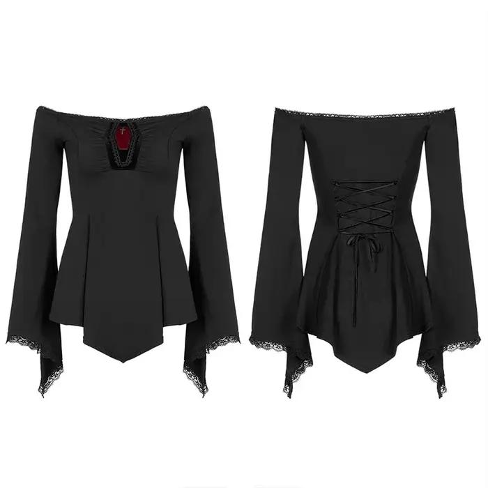 PUNK RAVE-T-shirt à manches longues gothique pour femme, col slash, ligne A, coton élastique, noir,