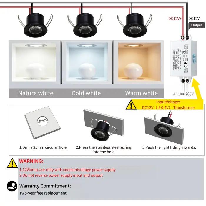 Mini spot LED encastrable argenté 2W 12V IP65, dimmable, pour plafond, escaliers, armoires, éclairag