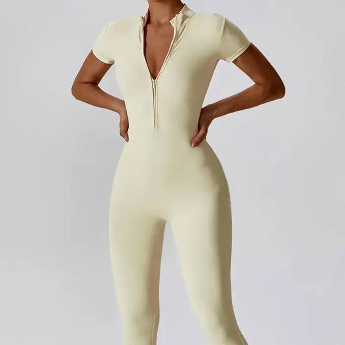 Ensemble de Yoga, combinaisons une pièce pour femmes, fermeture éclair, manches courtes, vêtements d