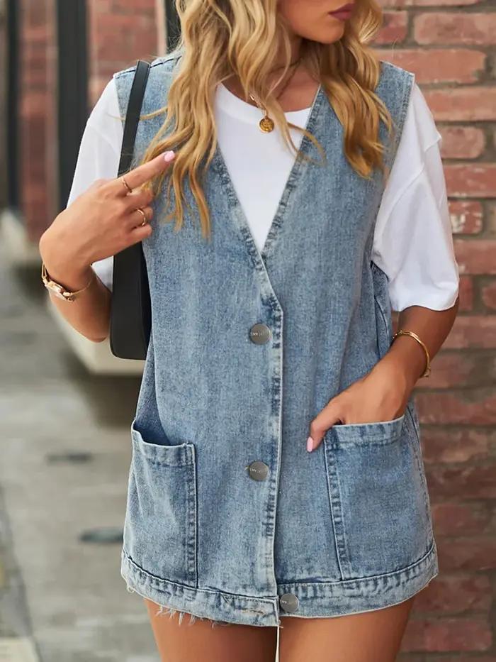 Gilet décontracté Benuynffy Vintage en denim lavé pour femmes, style moderne, col en V, idéal pour le printemps et l'été, occasions spéciales