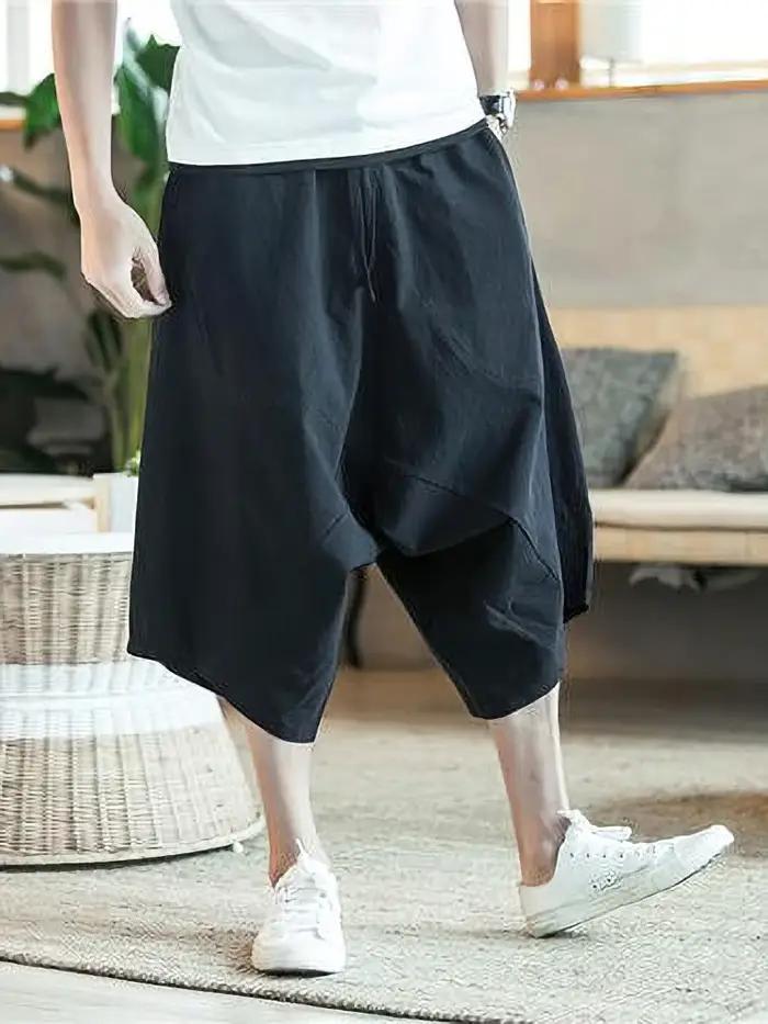 Été mince plage coton lin Shorts décontracté és hommes japonais jambe large Baggy Capris pantalon mâle Sport course Shor