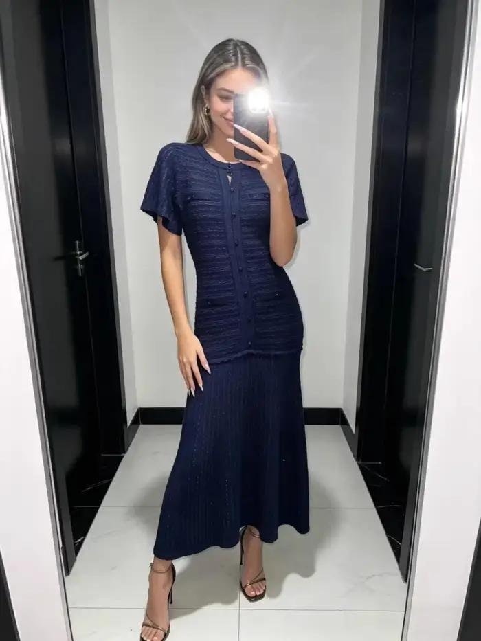Robe longue slim en maille pour femme, à manches courtes, avec ourlet plissé, robe de soirée plissée