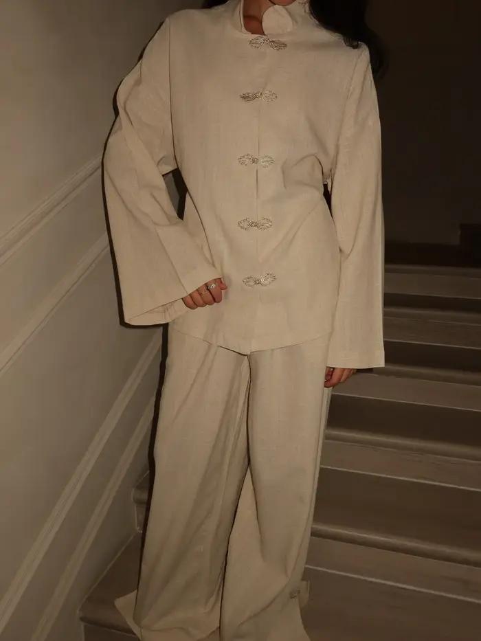 Ensemble pantalon long femme style chinois chic avec boutons grenouille, manteau à col montant simpl