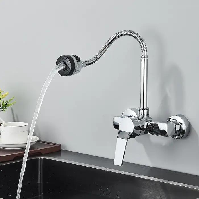 Robinet cuisine mural chromé 2 trous avec flexible 360° - Mitigeur eau chaude froide sans plomb à jet variable