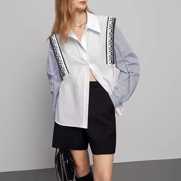 CHCH-Chemise à Manches sulfpour Femme, Haut Décontracté, Confortable, Simple, Rayé, Patchwork, Bleu