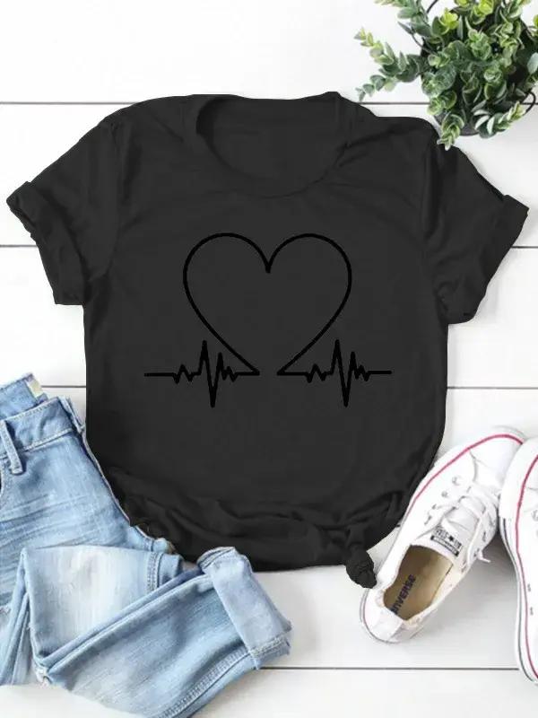 T-shirt femme col rond imprimé cœur électrocardiogramme polyester léger pour toutes les occasions