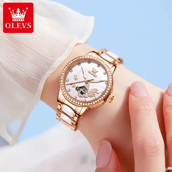 Montre OLEVS 7001 automatique mécanique pour femme en acier inoxydable de luxe avec bracelet élégant