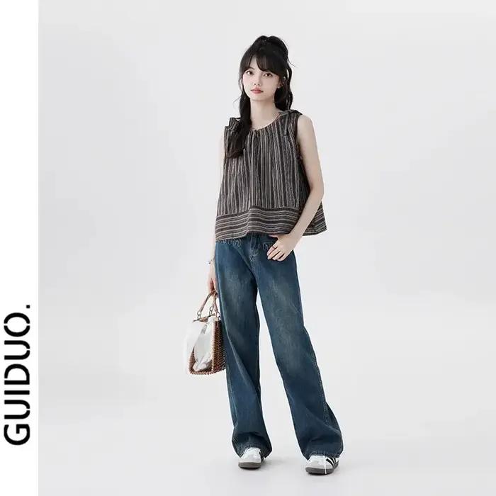 Tops en lin rayé français pour femmes, été, sans manches, amples, élégants, décontractés, camisole