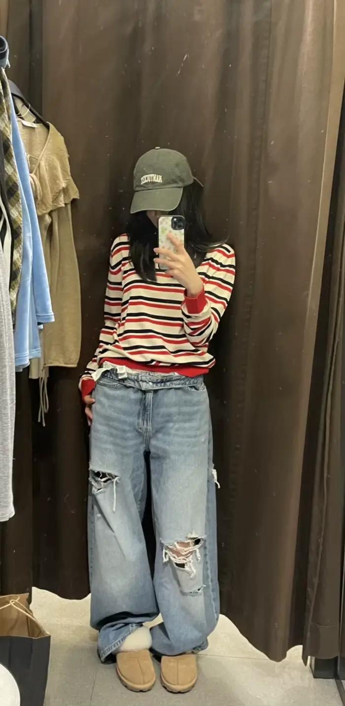 ETJ 2025 femmes nouvelle mode de rue taille pliable taille moyenne jean déchiré délavé version ample