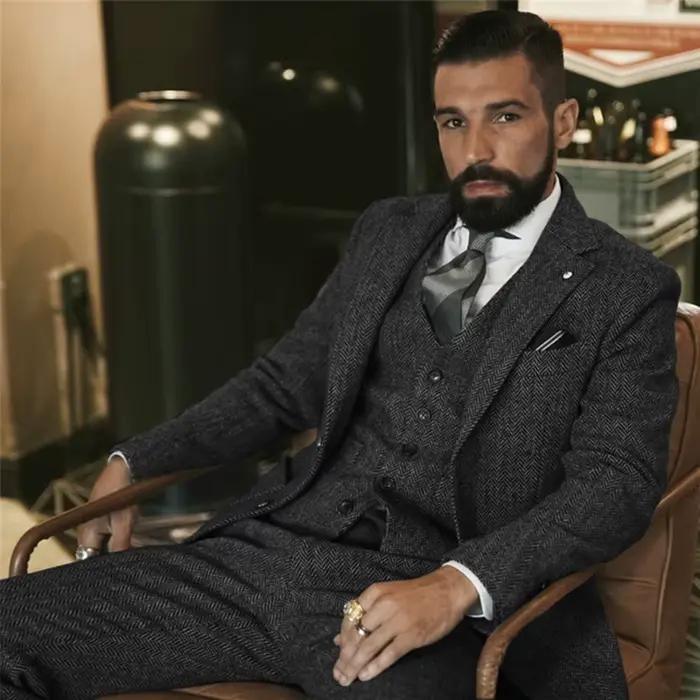 Costume d'hiver en Tweed de laine grise pour hommes, coupe cintrée, smoking formel pour marié, 3 pièces, costumes de mariage (veste + gilet + pantalon)