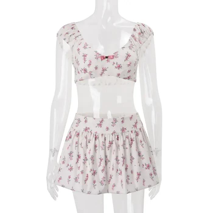 Vêtements européens et américains, nouvelle mode printemps 2026, ensemble haut court floral et jupe