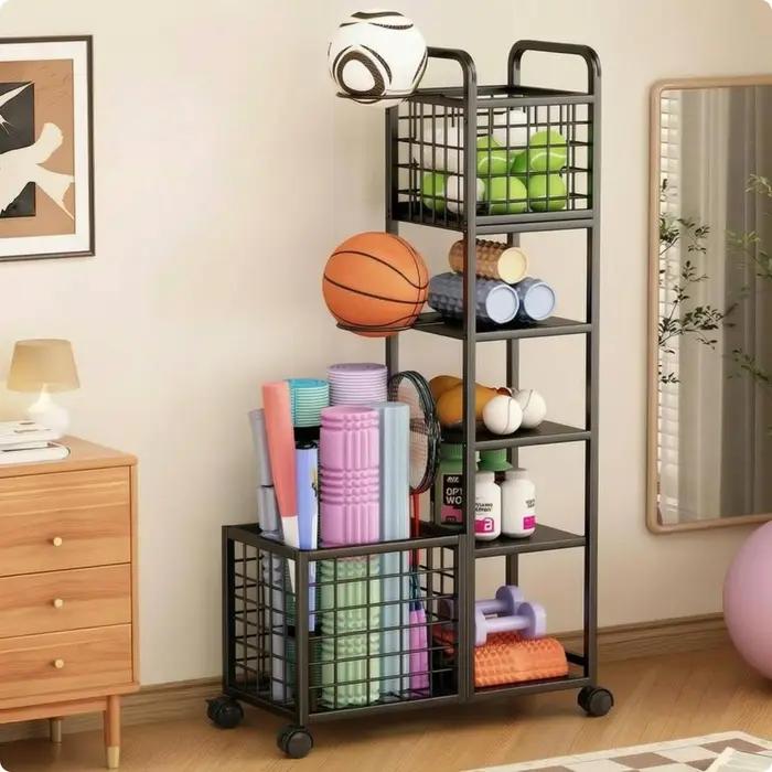 Étagère de rangement pour équipement de sport, panier en maille, organisateur de salle de sport à ro