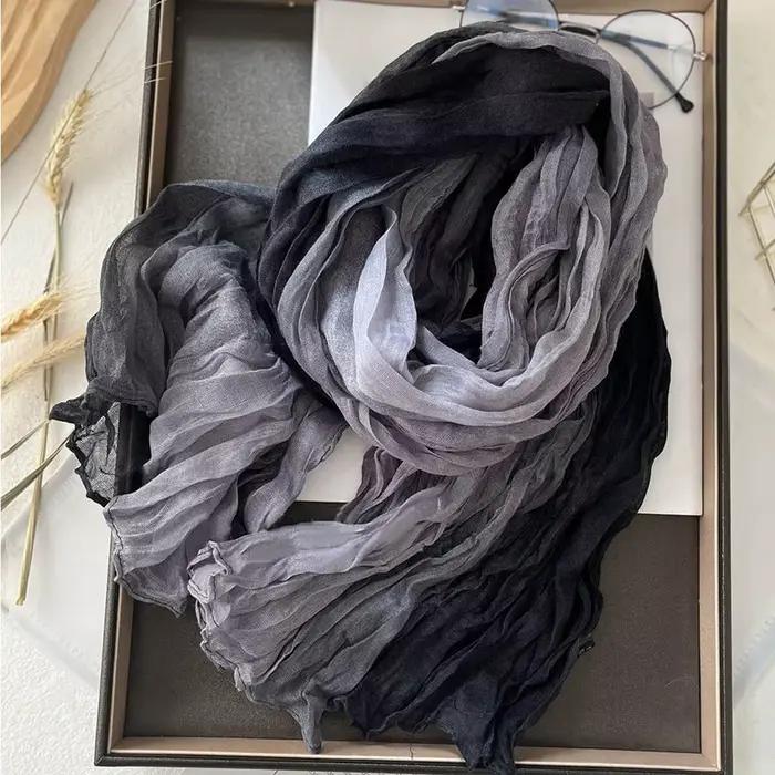 Écharpe en Coton et Chanvre pour Femme, Dégradé Bleu, Rétro Polyvalent, Imprimé, Long, Châle Doux, N