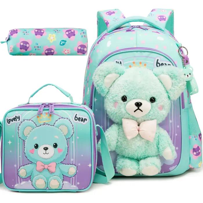 Sac à dos pour filles avec sac isotherme et trousse à crayons, design préppy imprimé floral et lapin 3D à offrir pour occassions spéciales