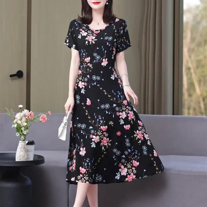 Robes d'été élégantes pour femmes, nouvelle mode décontractée, col rond, imprimé, Vintage, manches courtes, vêtements amples pour femmes, 2024
