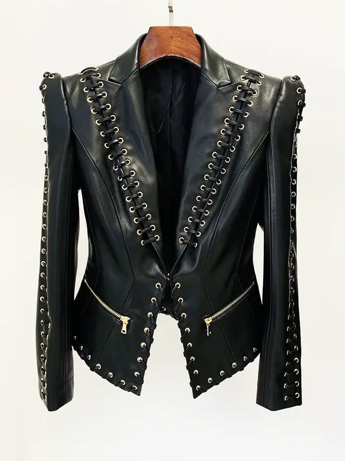 Veste de créateur tendance de haute qualité 2026, veste en cuir ajustée à lacets pour femmes