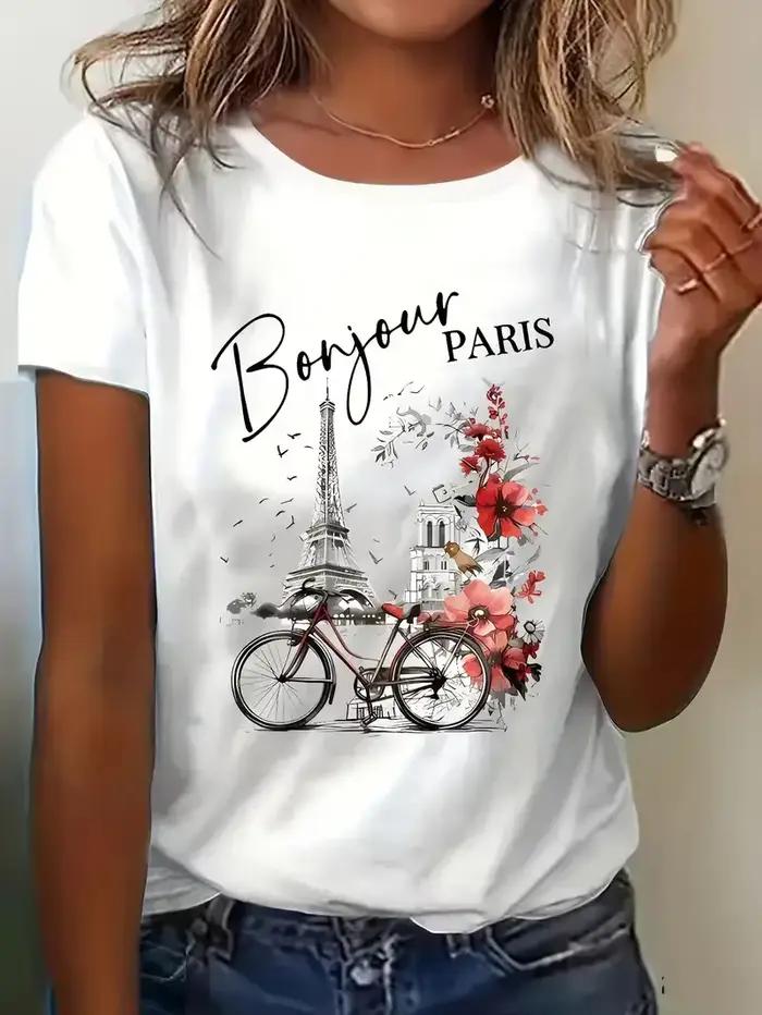 Mode Bonjour Paris texte imprimé à manches courtes imprimé T-Shirt vêtements de sport femmes T-Shirt graphique vêtements haut T-Shirt