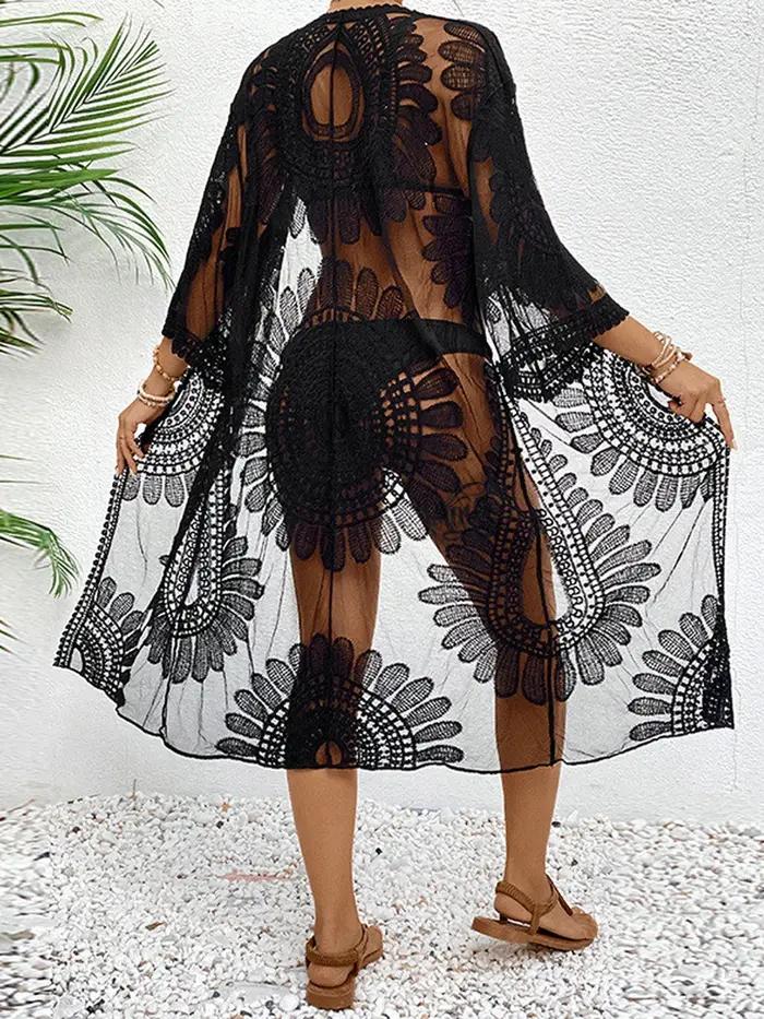 Kimono plage femme dentelle transparente broderie florale robe couverture été plage vacances