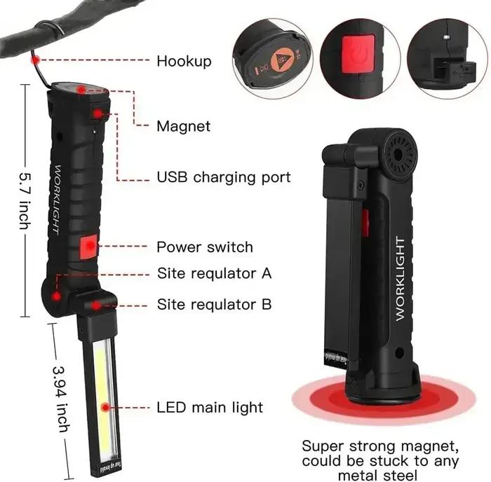 Lampe de poche LED COB magnétique, portable, aste par USB, lampe de travail, lampe de face avec batt