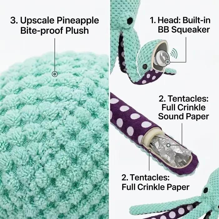Jouet pour chien pieuvre couineur, jouet à mâcher en peluche ananas avec couineur et tentacules froissés, jouet interactif pour chiot pour le soin dentaire, pour chiens de petite et moyenne taille