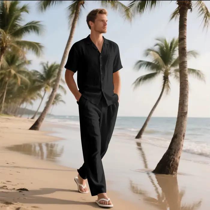 L'ensemble chemise à manches courtes en lin pour hommes Summer Beach de 2025 est un ensemble pantalo