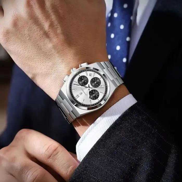 Montre homme chronographe POEDAGAR classique acier inoxydable étanche avec date et aiguilles lumineuses