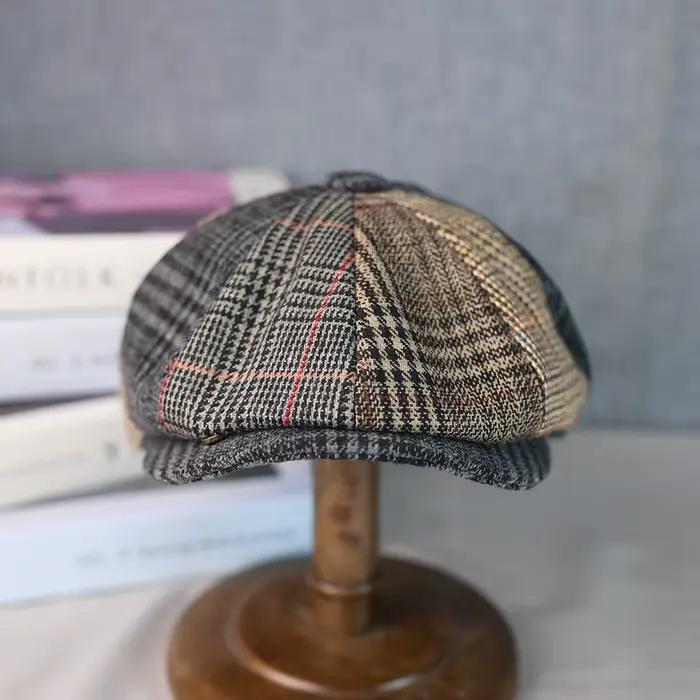 Chapeaux de journal en laine pour hommes et femmes, casquette octogonale Vintage à chevrons, bérets