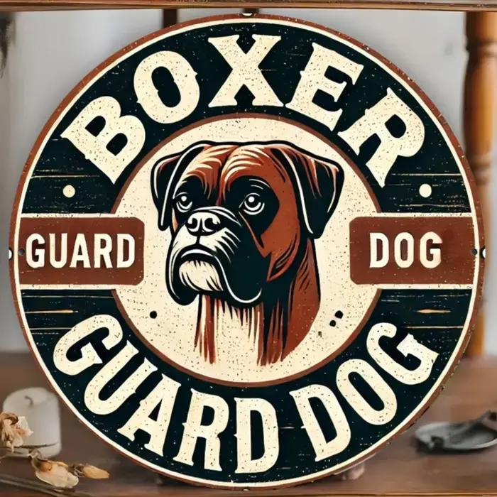 Panneau métallique «Boxer Guard Dog » vintage – décor rustique plat 2D | Avec des Branches de Pin et des Baies