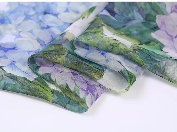 Tissu en mousseline de soie naturelle hortensia feuilles vertes peluche pour robe Tecido Tulle Seda bon marché bricolage