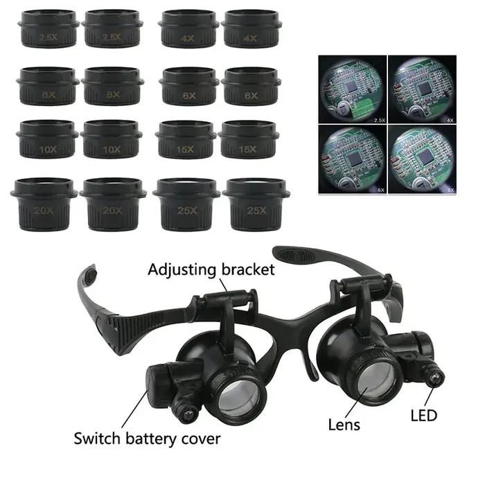 Loupes à bandeau 2,5x4x6x8x10x15x20x25x, lentille optique en verre avec 2 LED pour horloger et répar