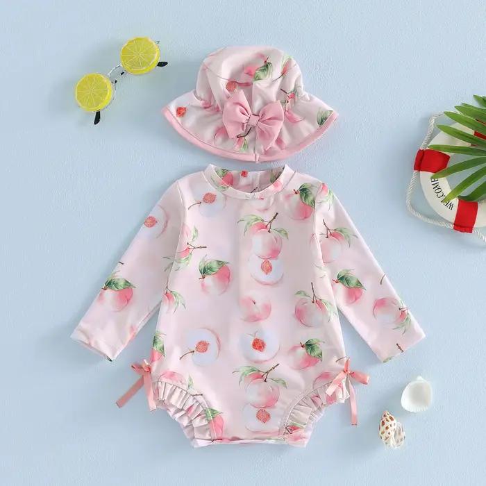 Vêtements de bain pour bébé fille, maillot de bain à manches longues avec imprimé fruits, maillot de bain pour nourrissons avec chapeau de soleil