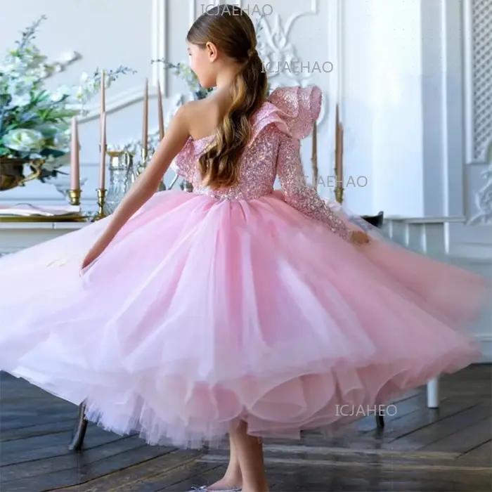 Robe de princesse pour filles 2026, robe de mariée à fleurs, robe de demoiselle d'honneur asymétriqu