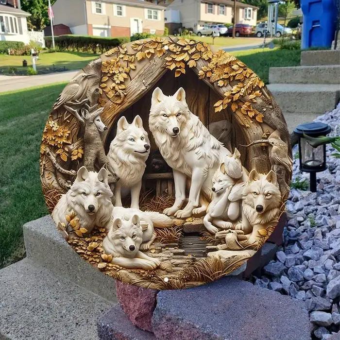 Panneau d'Art en Aluminium de Famille de Loups, Décoration Murale Ronde en Métal avec Design de Paquet de Loups 3D, Décoration Extérieure et Intérieure Étanche