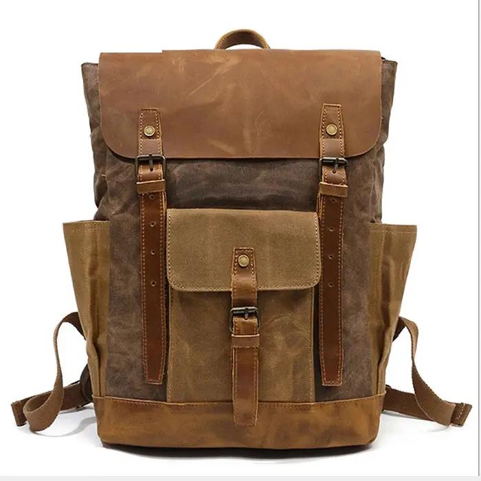 Hommes sac à dos voyage étanche ordinateur pochette d'ordinateur Vintage huile cire toile sacs à dos en cuir mâle sac