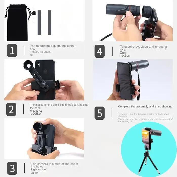 Monoculaire portable 2000x25 HD avec support téléphone - Mini télescope chasse observation