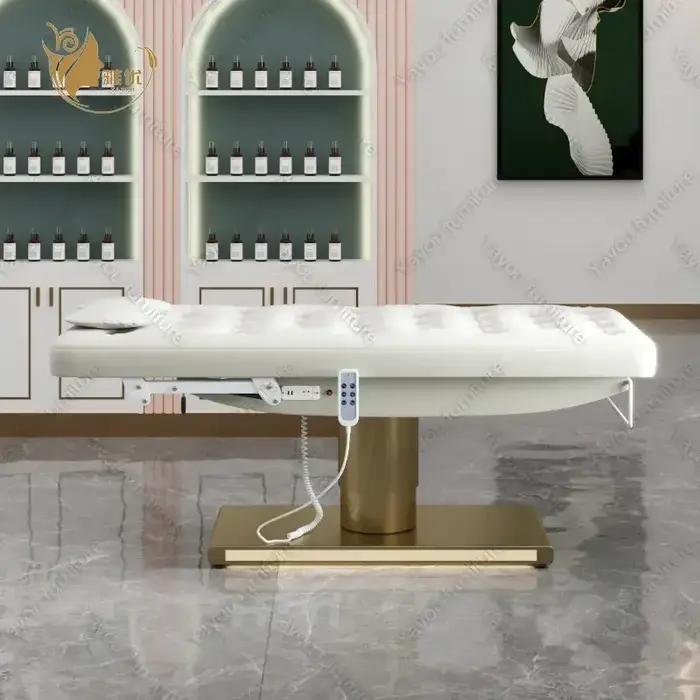 Lit de beauté électrique à 3 moteurs avec Base cylindrique dorée, éclairage LED pour Salon, Spa, cha