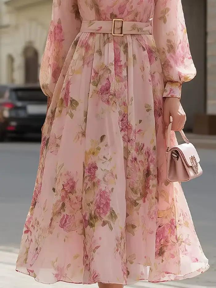 Robe longue chic à imprimé patchwork pour femme, manches bouffantes, col rond, idéale pour les fêtes