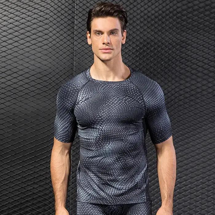 Chemises imprimées à Compression pour hommes, T-Shirt d'entraînement à manches courtes, hauts de cou