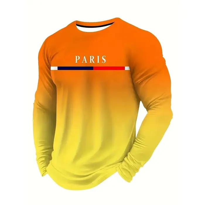 Texte Paris France solide décontracté à manches longues T-shirt pour hommes vêtements Sport Fitness respirant lâche
