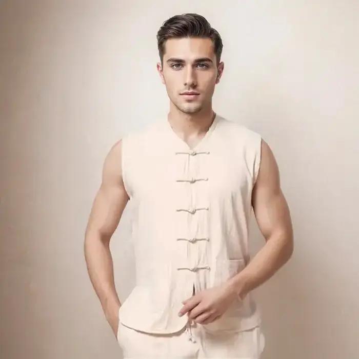 Vêtements traditionnels chinois kung fu pour hommes, tai chi, mode d'été décontractée, gilet en coton et lin