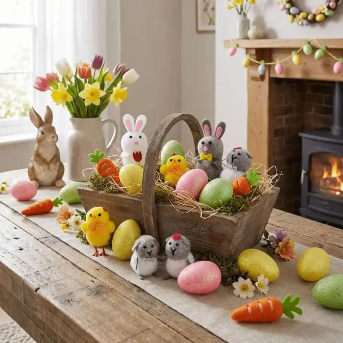 Ornement de Pâques amusant et joyeux : Œufs de Pâques, poussins et figurines de lapins réalistes et mignonnes, faites à la main, pour la décoration de Pâques et les fêtes