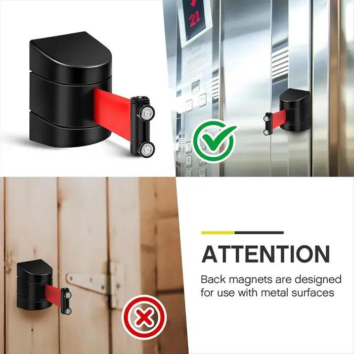 Barrière murale rétractable magnétique de 16 pieds pour événements et gestion de foules en métal, ABS, avec sangles flexibles et message d'avertissement pour sécurité et visibilité